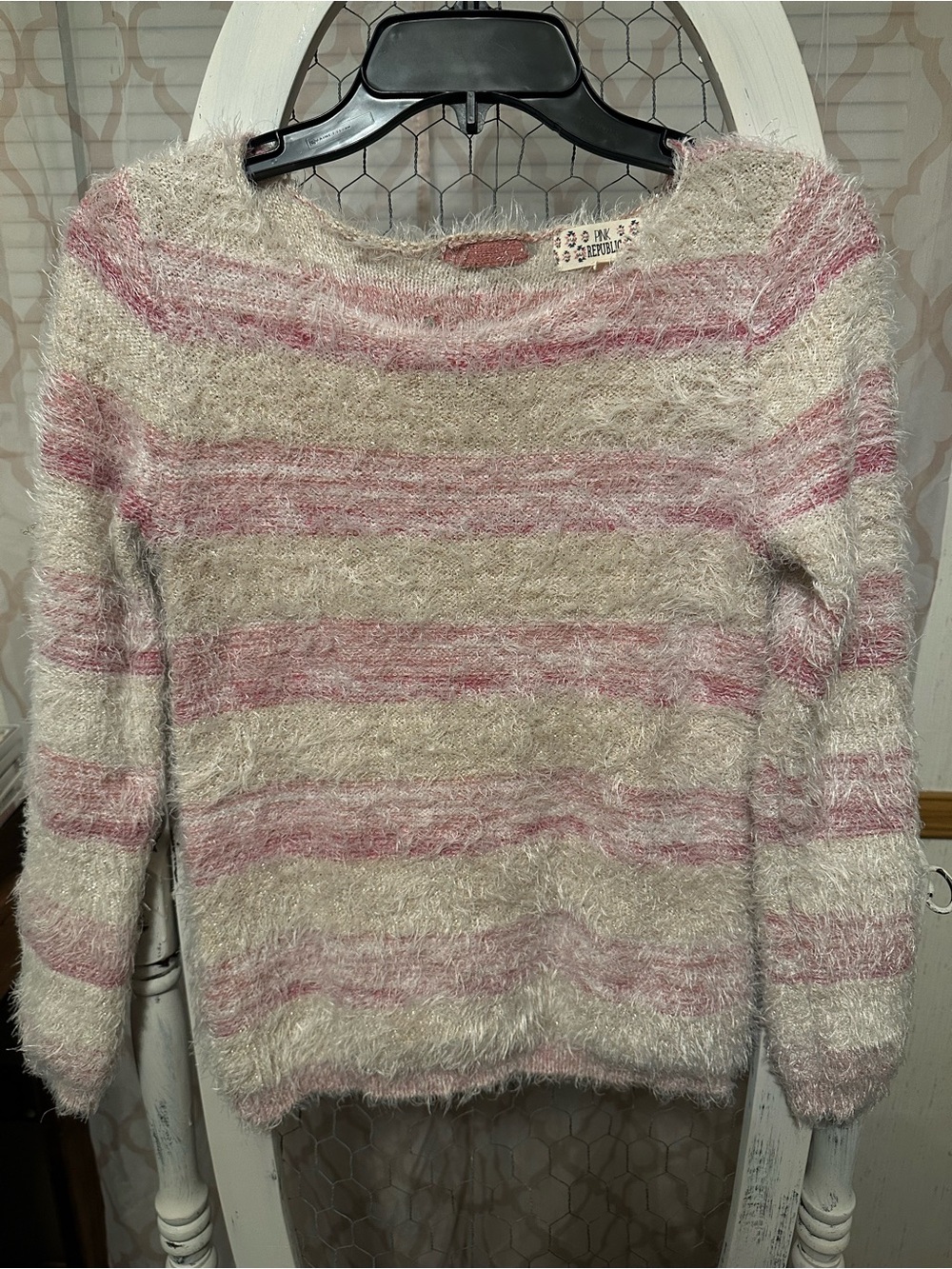 Pink Republic Fuzzy Striped Crewneck Sweater in Pink and Cream